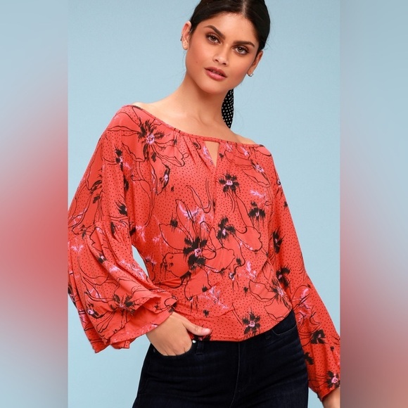 3/$30 🍂 Free People Last Time Orange Print Surplice Bell Sleeve Crop Top - Picture 1 of 8